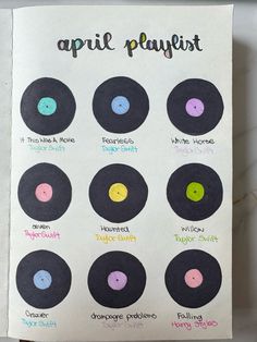 a sheet of paper with different types of buttons on it and the words, april playlist