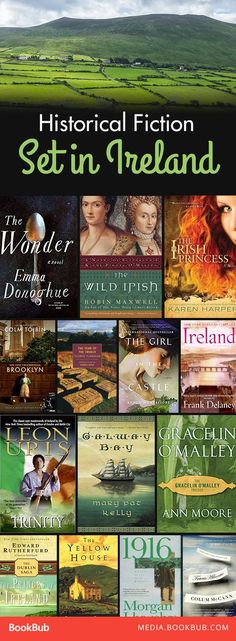 the cover of historical fiction set in ireland, with an image of many different books