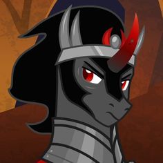 an animated image of a knight with red eyes and horns on his head, standing in front of a brown background