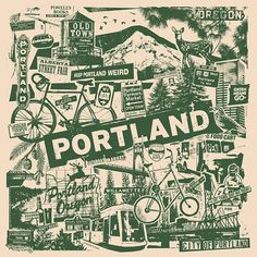 a green and white poster with the words portland written in large letters on it's side