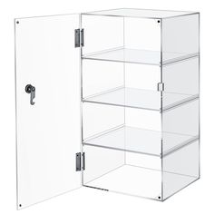 a white cabinet with three shelves and two doors on one side, open to reveal the contents