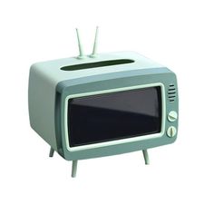 an old fashioned tv sitting on top of a wooden stand in front of a white background