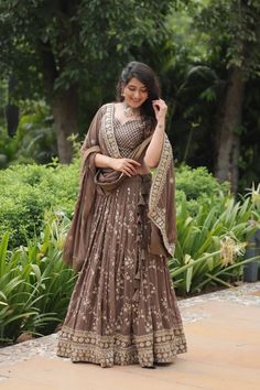 Roman Coffee Faux Blooming Lehenga Choli with Heavy Embroide