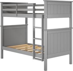 a gray bunk bed with wooden slats on the top and bottom rails, against a white background