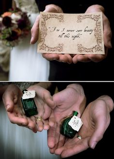 two pictures of people holding green bottles in their hands and the same one has a note attached to it