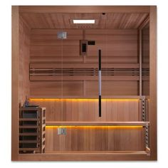 the inside of a sauna with several shelves and lights