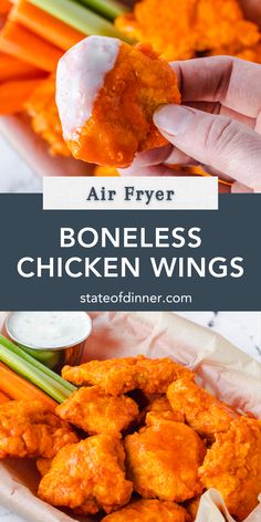 air fryer boneless chicken wings in a basket with carrots and celery