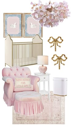 a baby's room with pink and gold accents, including a crib, chair, lamp, rug, dresser and chandelier