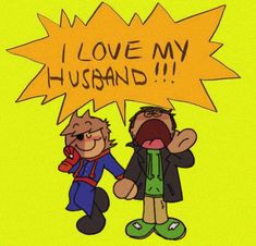 two cartoon characters are talking to each other with an i love my husband speech bubble above them