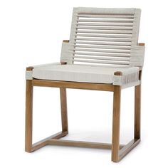 a white chair with wooden frame and cushion