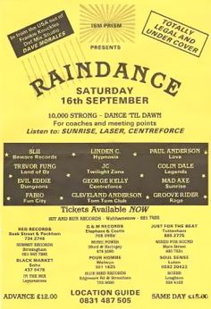 the poster for rain dance is shown in black and yellow, with information about it