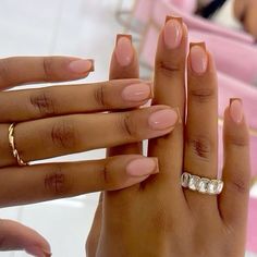 Acrylics On Natural Nails, September Nail Ideas Short Natural, Light Brown Nails French Tip, Skin Tone French Tip Nails, Coffin French Tip Nails Fall Colors, Light Brown Tips Nails, Nail Inspo Brown French Tip, Graduation Nails Brown, Caramel French Tip Nails