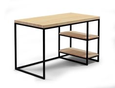 a wooden table with black metal frame and shelves on each side, against a white background