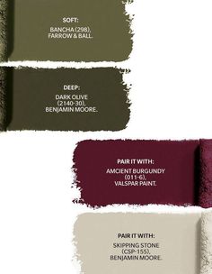 three shades of paint with different colors and names on the side, including dark olive