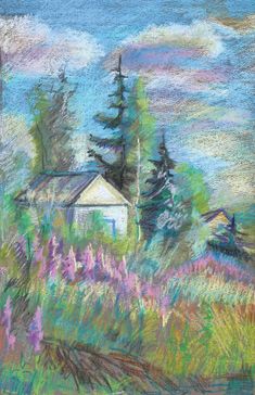 a pastel drawing of a house in the distance with trees and flowers around it