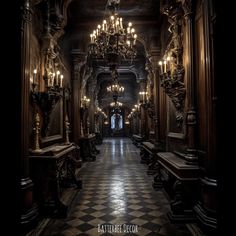 an ornate hallway with chandeliers and checkered flooring is lit by candles