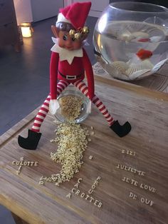 an elf is sitting on top of a table next to some rice and a fish bowl