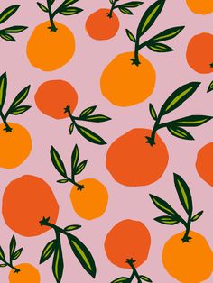 an orange pattern on a pink background with green leaves and oranges painted on it