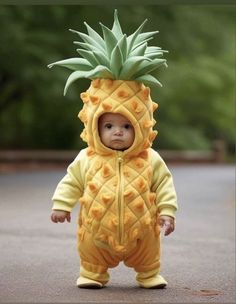 a baby dressed in a pineapple costume standing on the side of a road with trees behind it