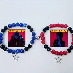 two red, white and blue beaded bracelets with starboy pictures on them