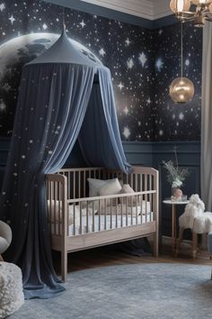 a baby's room with a canopy bed and stars on the wall behind it