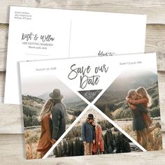 two save the dates cards with an image of people standing in front of mountains and trees