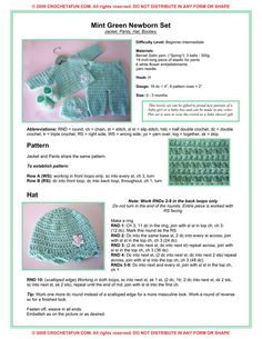 the instructions for crocheted baby hats and mitts are shown in this page