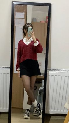 white shirt under red sweater black skirt black tights with white socks black converse White Shirt Under Sweater, Shirt Under Sweater Outfit, Red Sox Outfit, Shirt Under Sweater, Red Tights, Red Converse, Black Converse, Winter Outfit Inspiration, White Socks