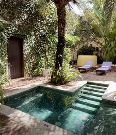 an outdoor swimming pool surrounded by greenery and lounge chairs in the middle of it