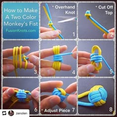 how to make a two color monkey's fist knot for kids with instructions and pictures