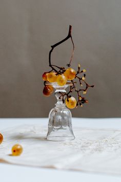 a glass vase filled with fruit on top of a white table covered in leaves and berries