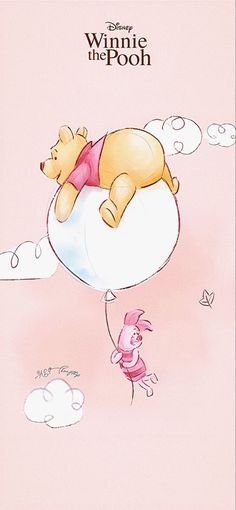 winnie the pooh flying on top of a balloon with a pig in it's mouth