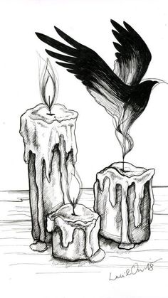 a drawing of two candles with one burning and the other being filled with melted liquid