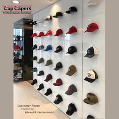 Swag Hats Rack, Baseball Hat Collection Display, Flat Brim Hat Display, Ball Cap Wall Display, Ways To Display Baseball Hats, Baseball Cap Wall Display, Hat Wall Display Men, Baseball Cap Display Ideas Wall, Baseball Hat Wall Display