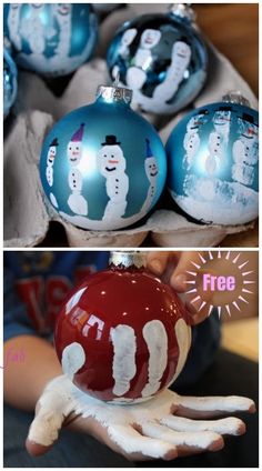 two pictures of christmas ornaments with snowmen on them and one has an ornament in the shape of a hand