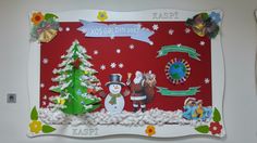 a christmas card with paper cutouts and decorations on the front, including a snowman