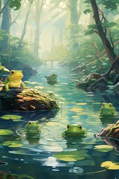 two frogs sitting on the edge of a pond with lily pads