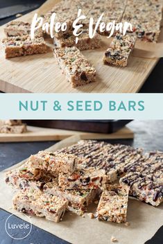 nut and seed bars on a cutting board with the words paleo & vegan