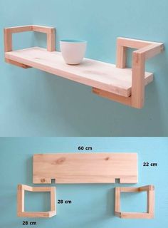 two wooden shelves with one shelf holding a bowl and the other has a cup on it