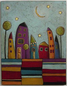 an abstract painting with buildings and stars in the sky