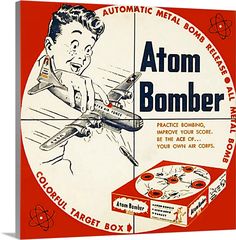 Stretched Canvas Print entitled USA Atom Bomber Packaging.  Multiple sizes available.  Primary colors within this image include Red, Brown, Light Yellow, Black.  Made in the USA.  All products come with a 365 day workmanship guarantee.  Archival-quality UV-resistant inks.  Canvas is acid-free and 20 millimeters thick.  Museum-quality, artist-grade canvas mounted on sturdy wooden stretcher bars 1.5 thick.  Comes ready to hang. Atomic Space Age, Old Advertisements, Retro Ads, Atomic Age, Nose Art, Old Ads, Photo Vintage, Oui Oui, Retro Toys