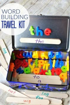 the word building travel kit is filled with letters