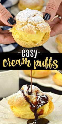 an easy cream puff is being drizzled with chocolate on top and then topped with powdered sugar