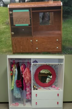 an old dresser has been transformed into a dollhouse with drawers and shelves for clothes