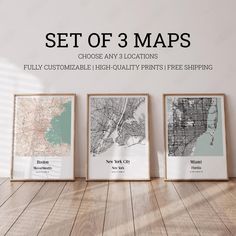 three framed maps are on the wall in front of a white wall with text that reads set of 3 maps choose any 3 locations fully customizable high - quality prints free shipping