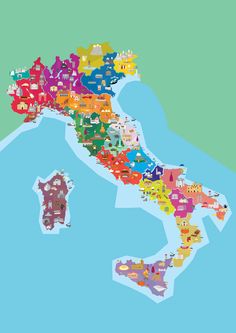 an illustrated map of italy with all the major cities and their colorful animals on it