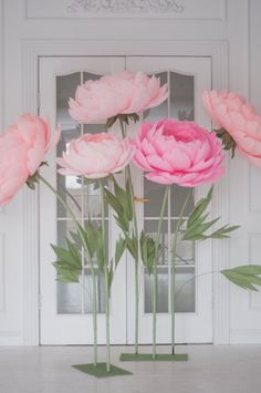 three pink flowers are in front of a white door with green leaves on the stems