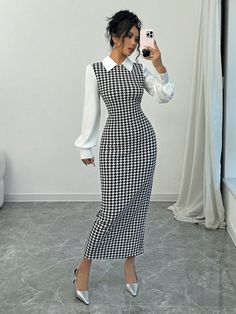 Fashionable Elegant Slim Long Patchwork Puff Sleeve Collar Houndstooth Pattern Fabric Women's Long Dress, Autumn/Winter Black Elegant  Extra-Long Sleeve Woven Fabric Houndstooth,Plaid Fitted Non-Stretch  Women Clothing, size features are:Bust: ,Length: ,Sleeve Length: Houndstooth Dress Outfit, Black Dress Classy Elegant Long, January Style, Winter Maxi, Miss Independent, Black Dresses Classy, Womens Long Dresses, Fishtail Dress, Houndstooth Dress