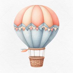 a watercolor painting of a hot air balloon with pastel blue and pink colors