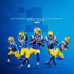 a group of football players standing next to each other on a blue and yellow background